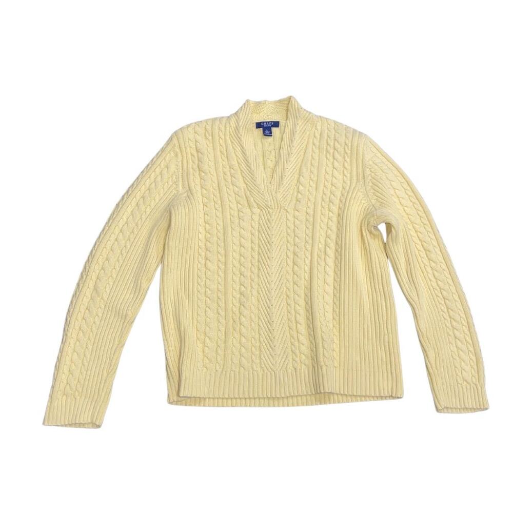 Chaps Yellow Cable Knit V-Neck Sweater Size Large Preppy 100% Cotton Academia